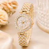 Luxury Floral Crystal Quartz Wrist Watch for Women - Golden